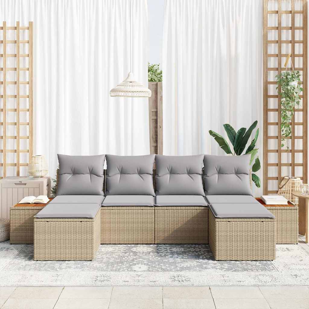 vidaXL 6-delige tuinsofa set met kussens in beige van poly rattan en acacia
