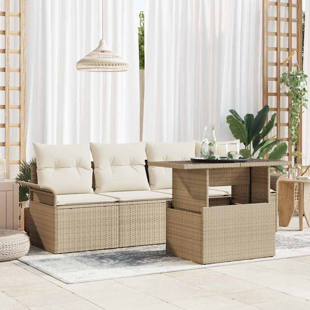 Set de sofá de jardín de 5 piezas con cojines beige de polirratán