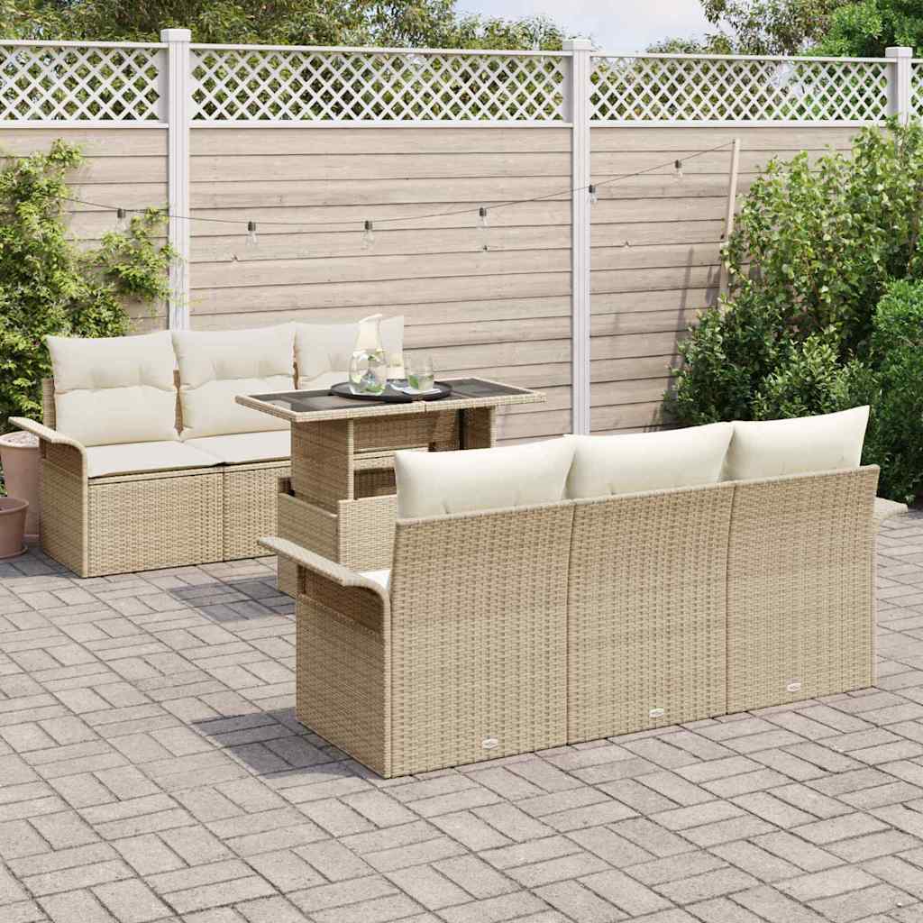 vidaXL 7-delige tuinbank set met kussens in beige poly rattan