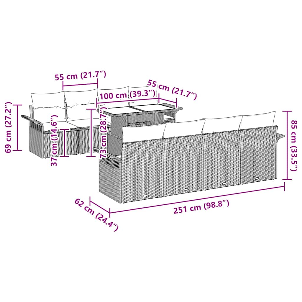 Vrtna sedežna garnitura z blazino 9 pcs Bež Poly ratan - slika 13