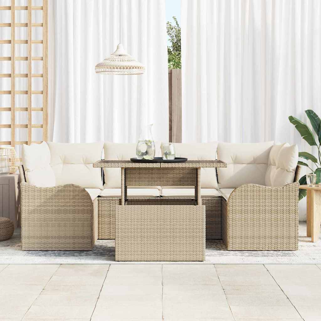 vidaXL 7-delige Tuinbankenset met kussens poly rattan beige