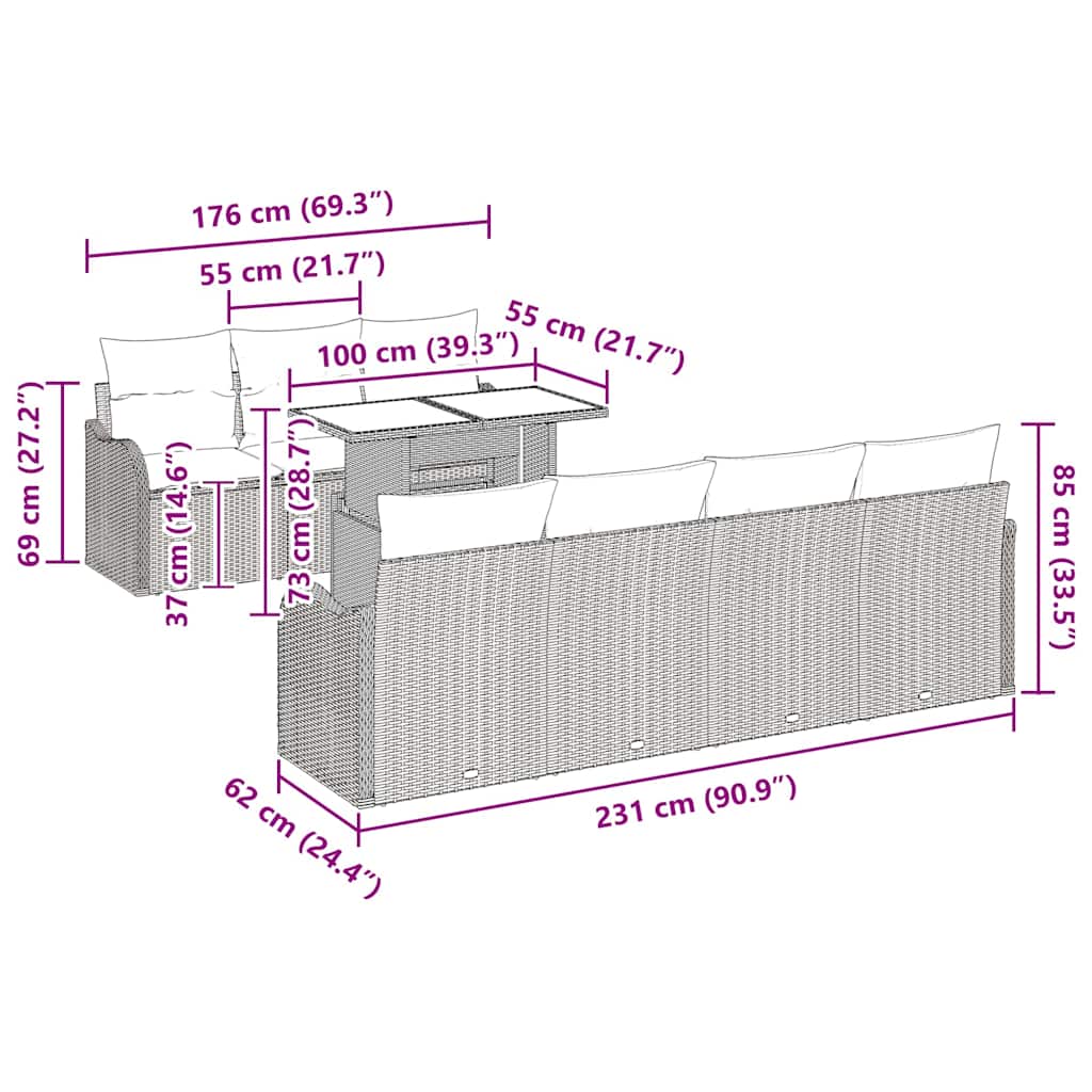 Vrtna sedežna garnitura z blazino z blazino 8 pcs Bež Poliratan - slika 13