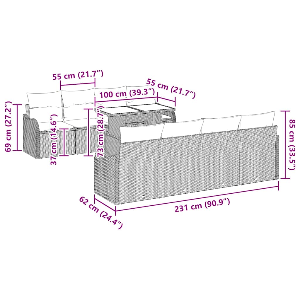 Vrtna sedežna garnitura z blazino 9 pcs Bež Poly ratan - slika 13