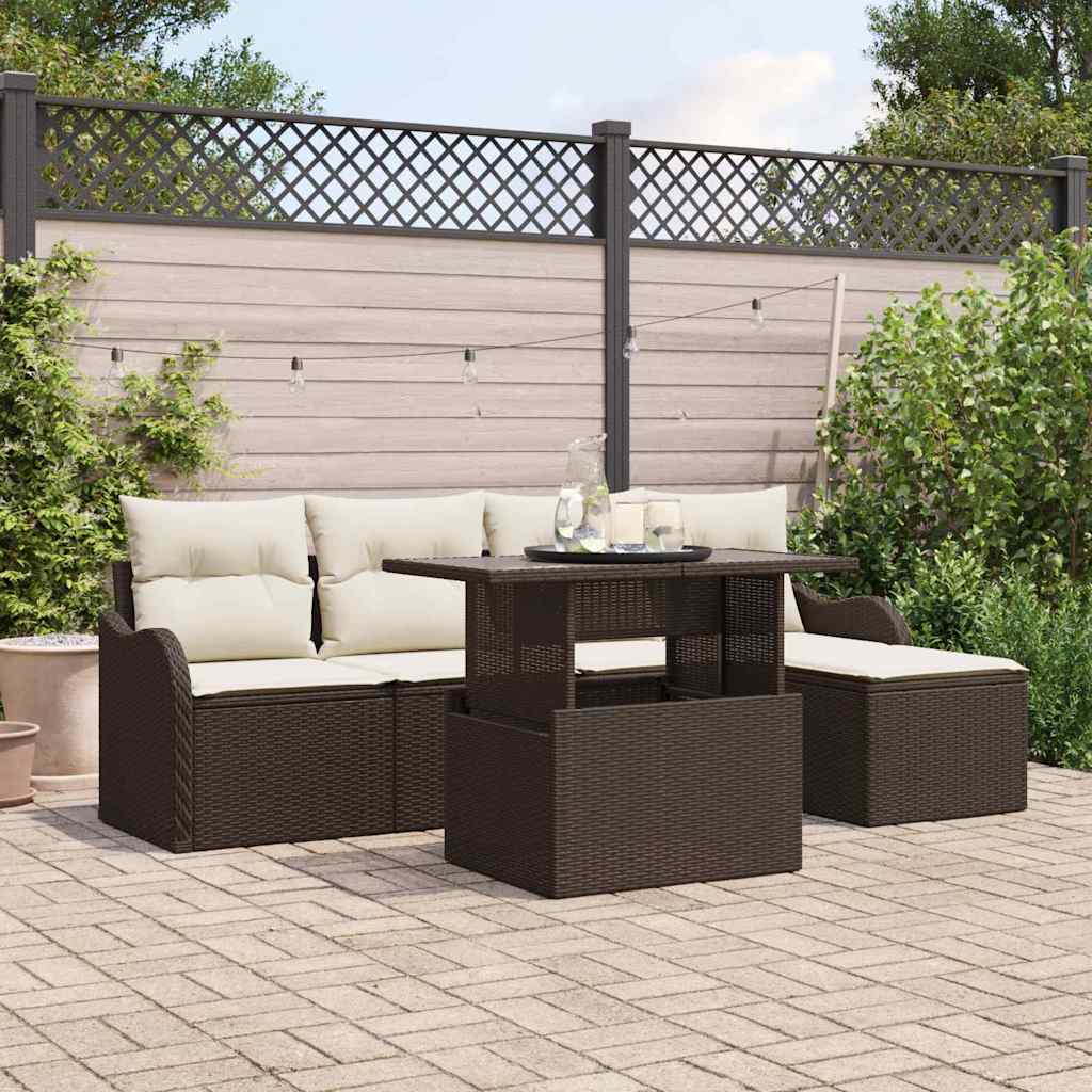 6 Piece Garden Sofa Set with Cushions Brown Poly Rattan, vidaXL 2-Seater Garden Sofa with Storage & Cushions Brown Poly Rattan