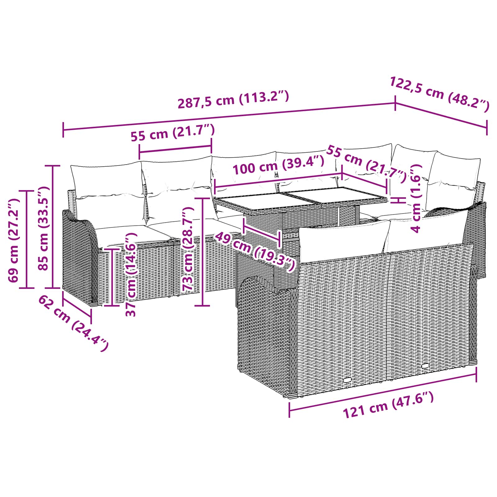 Thumbnail - vidaXL Garten-Sofa-Set mit Kissen 9 pcs Hellgrau Poly Rattan