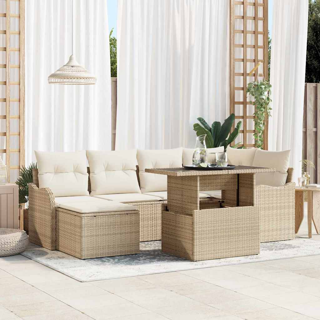 7 Piece Garden Sofa Set with Cushions Beige Poly Rattan