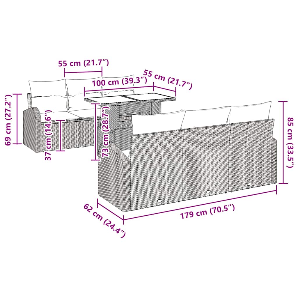 Vrtna sedežna garnitura z blazino 7 pcs Rjava Poliratan - slika 13