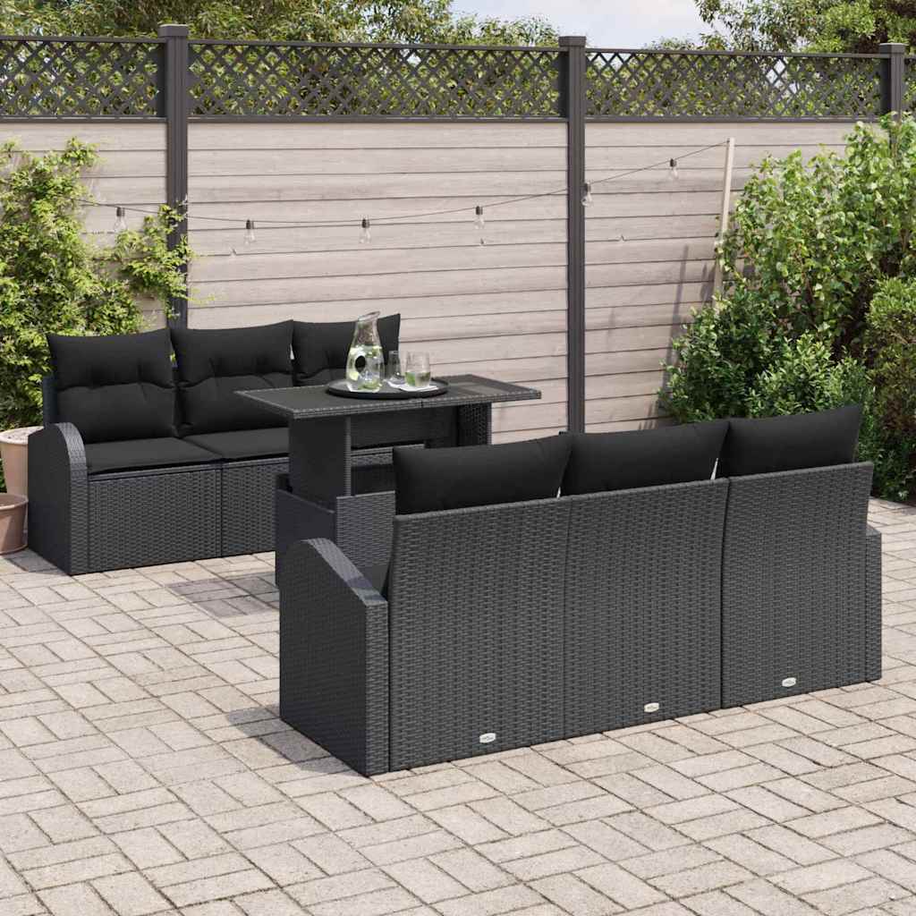 vidaXL 7-delige tuinset met kussens in zwart poly rattan