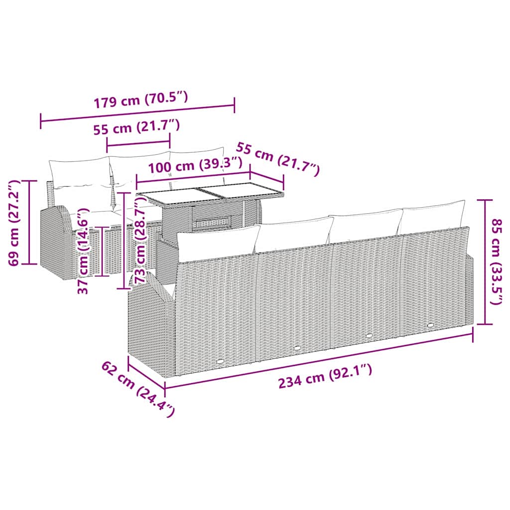 Vrtna sedežna garnitura z blazino z blazino 8 pcs Bež Poliratan - slika 13