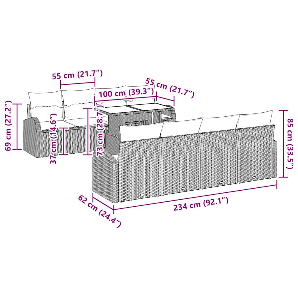 Vrtna sedežna garnitura z blazino 9 pcs Svetlo siva Poliratan - slika 13