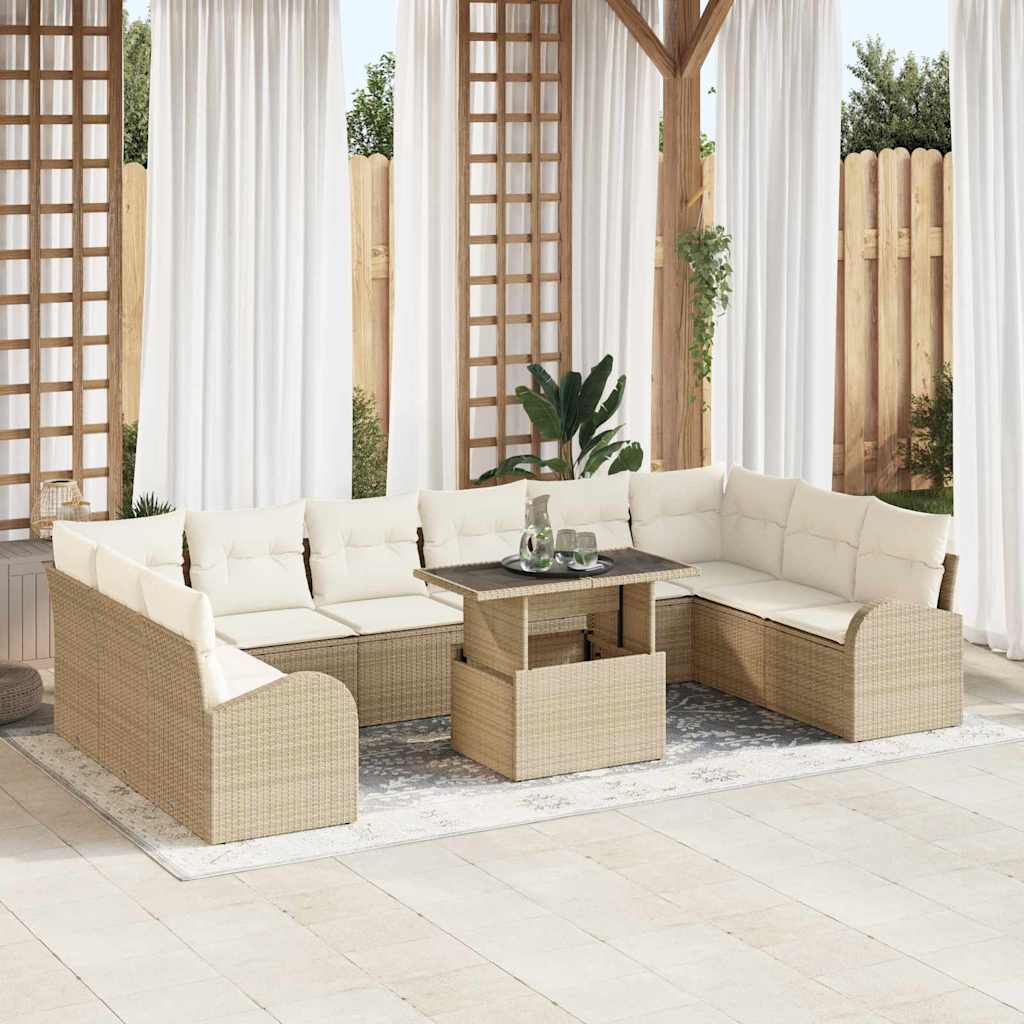 vidaXL 11-teiliges Garten-Sofa-Set mit Kissen in Beige aus Poly-Rattan