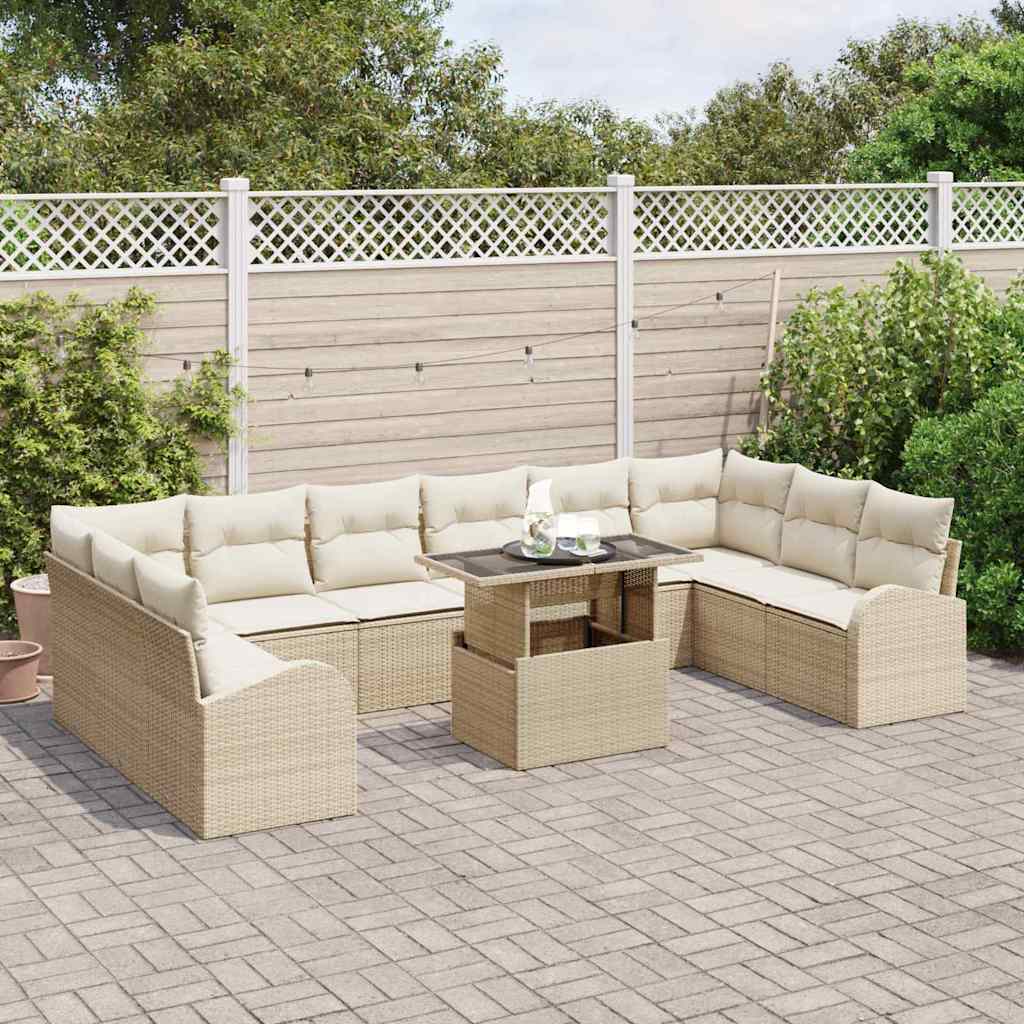 vidaXL 11-delige Tuinbankenset met kussens poly rattan beige