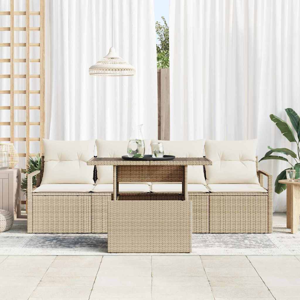 vidaXL 5-delige Tuinbankenset met kussens poly rattan beige