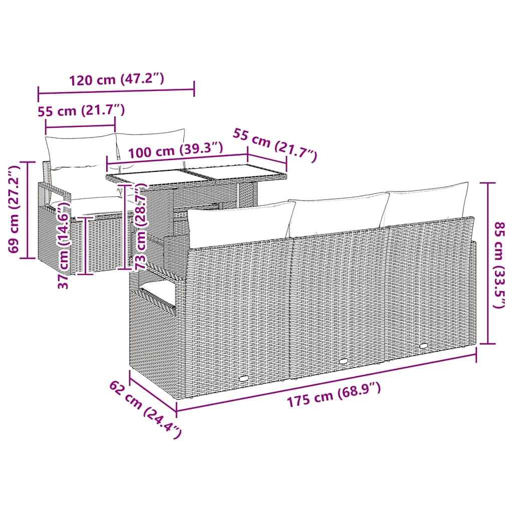 Vrtna sedežna garnitura z blazino 6 pcs Rjava Poly ratan - slika 13