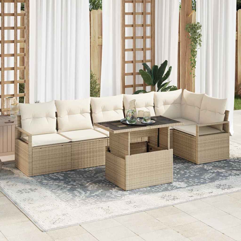 Комплект градински диван vidaXL от 7 части с възглавници Бежов Poly Rattan, Диван за градина vidaXL за 2-ма с място за съхранение и възглавници Бежов Poly Rattan