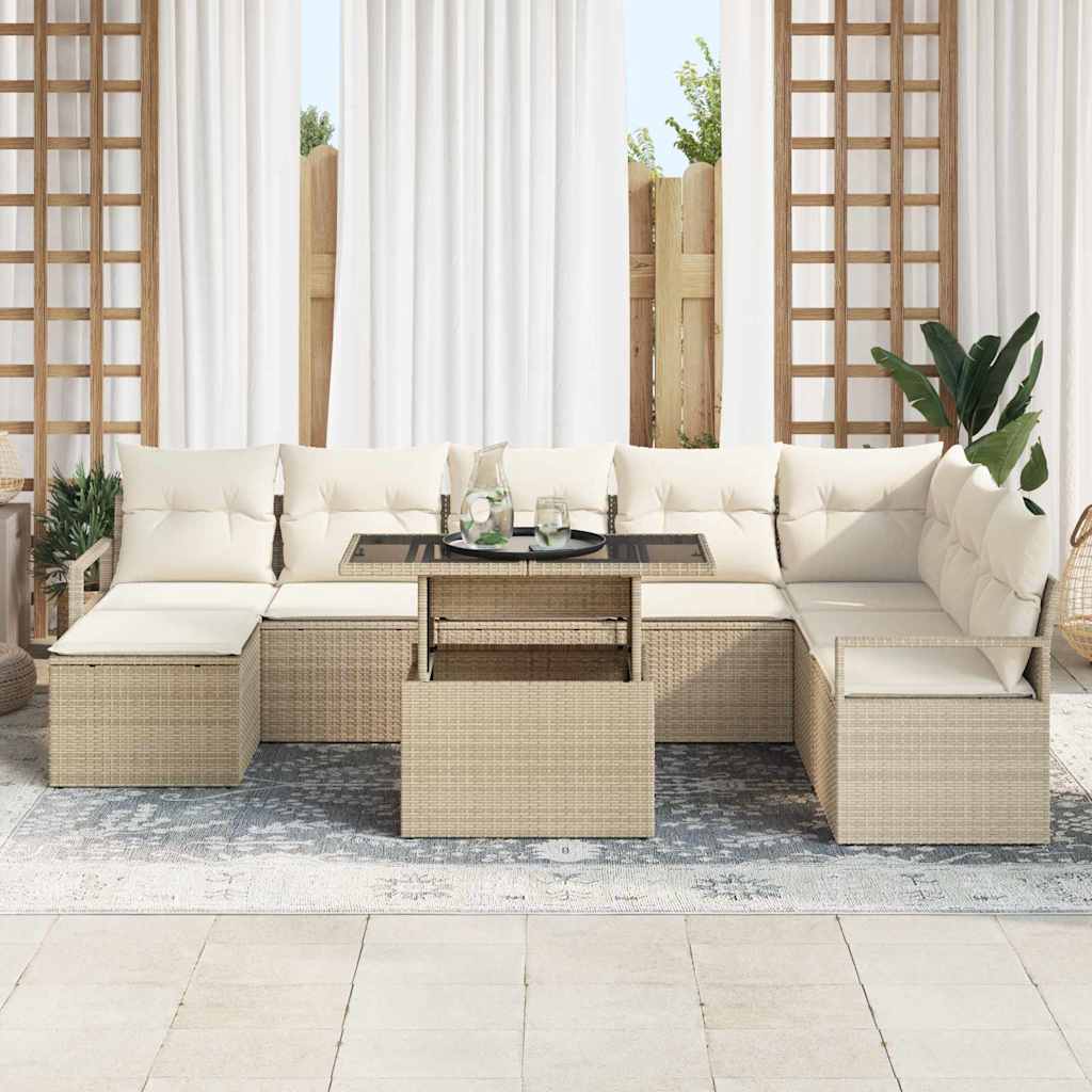 vidaXL 9-delige tuinset met kussens Beige Poly Rattan