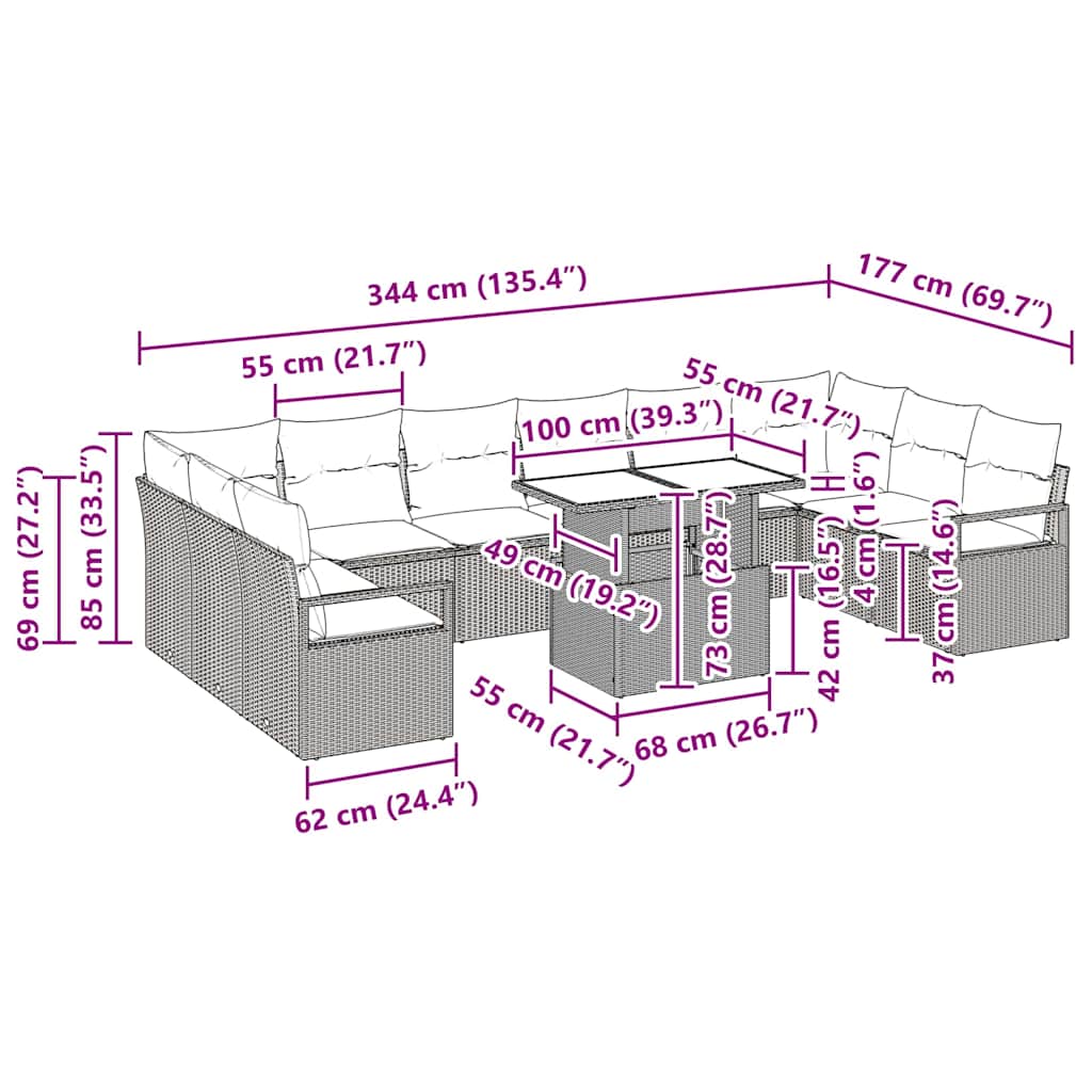 Sada zahradních pohovek s polštářem 11 pcs Černá polyratan - obrázek 15