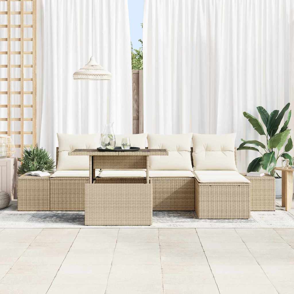 vidaXL 6-delige Tuinbankset met Kussens in Beige Poly Rattan