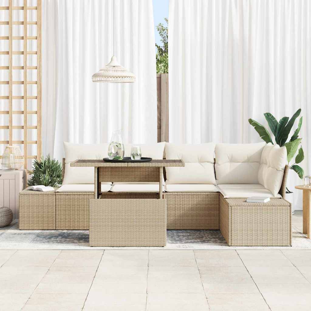 vidaXL 6-delige tuinbankset met beige poly riet en kussens