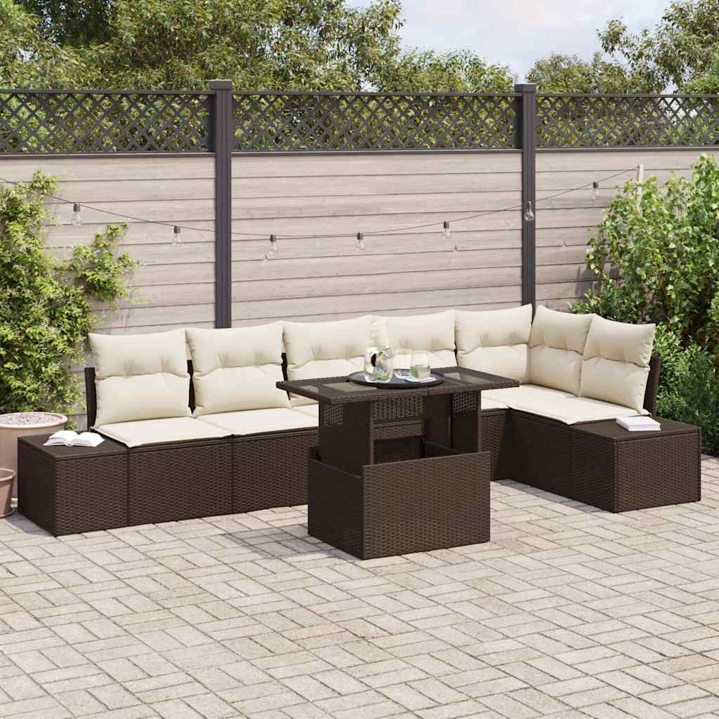 7-teiliges Garten-Sofa-Set mit Kissen - Braunes Poly-Rattan