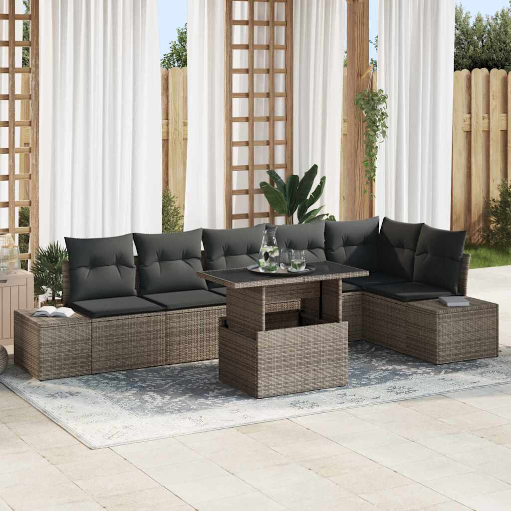 7-teiliges Garten Sofa Set mit Kissen Grau Poly Rattan