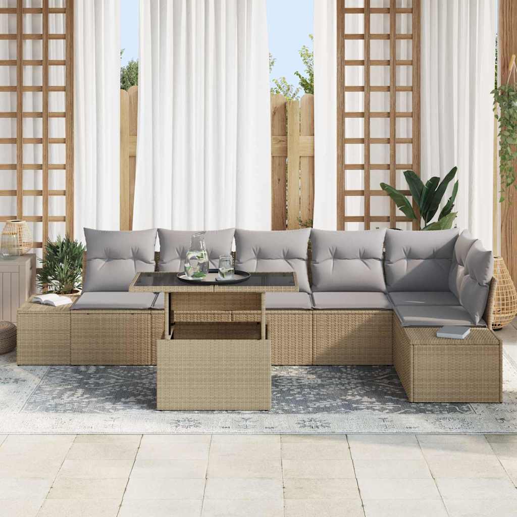 vidaXL 7-delige tuinset met kussens in beige van poly rattan