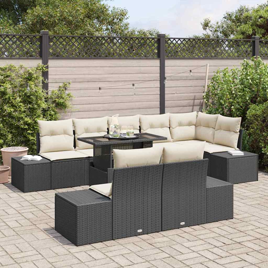 vidaXL 9-delige tuinset met kussens in zwart poly riet