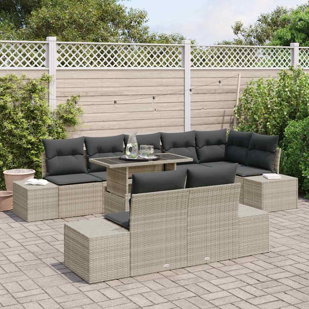 vidaXL 9-delige tuinzitset met kussens in lichtgrijs poly rattan
