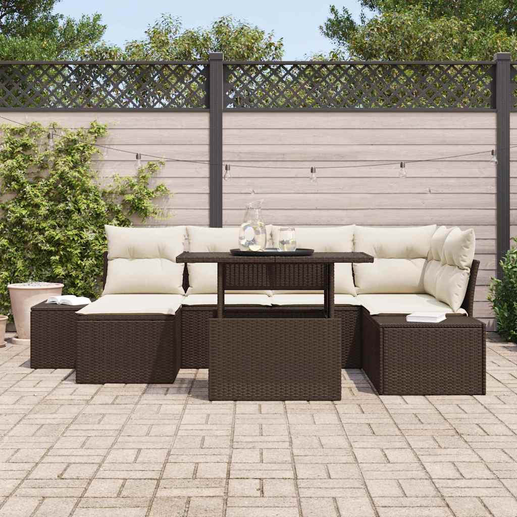 vidaXL 7-delige tuinset met kussens in bruin poly rattan