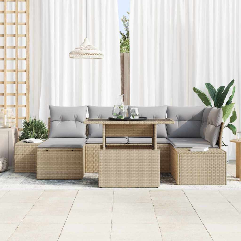 vidaXL 7-delige tuinsofa set met kussens in beige poly rattan