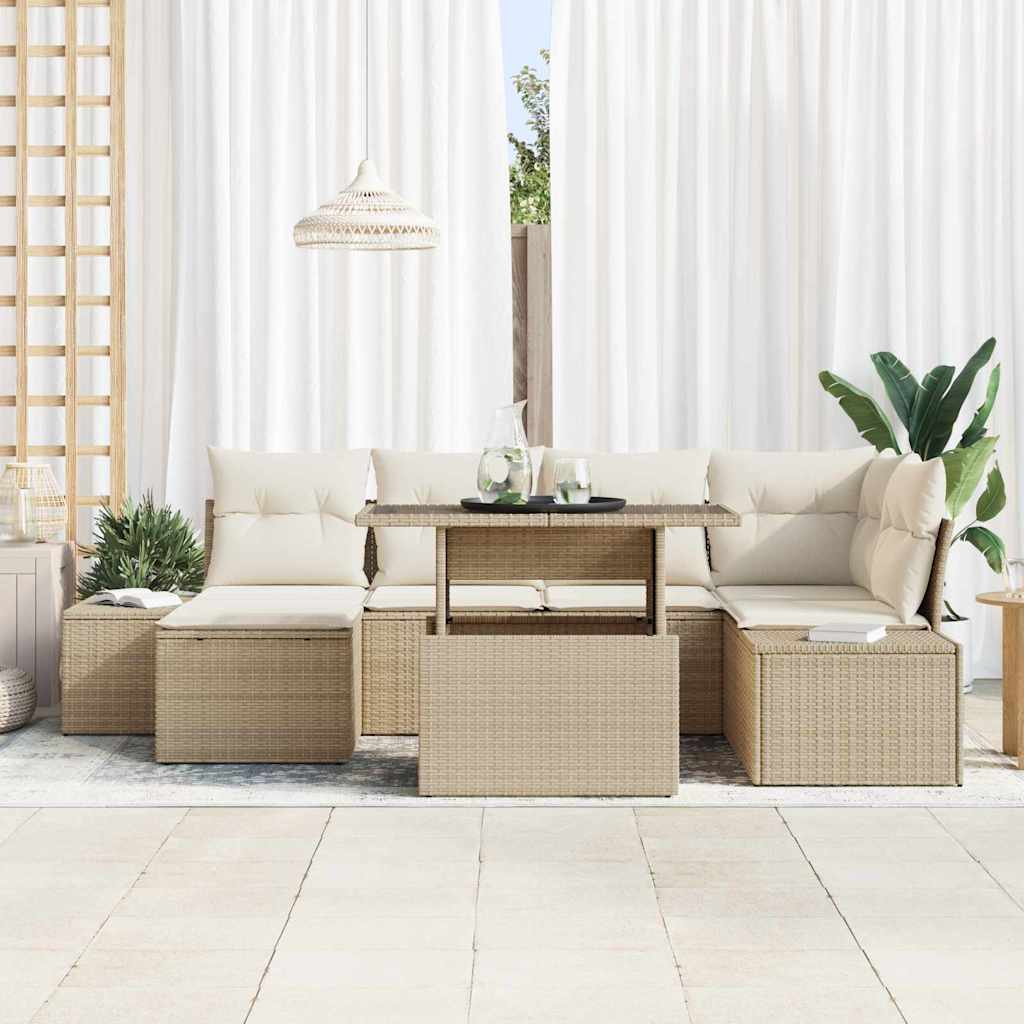 vidaXL 7-delige tuinsofa set met beige kussens van poly rattan
