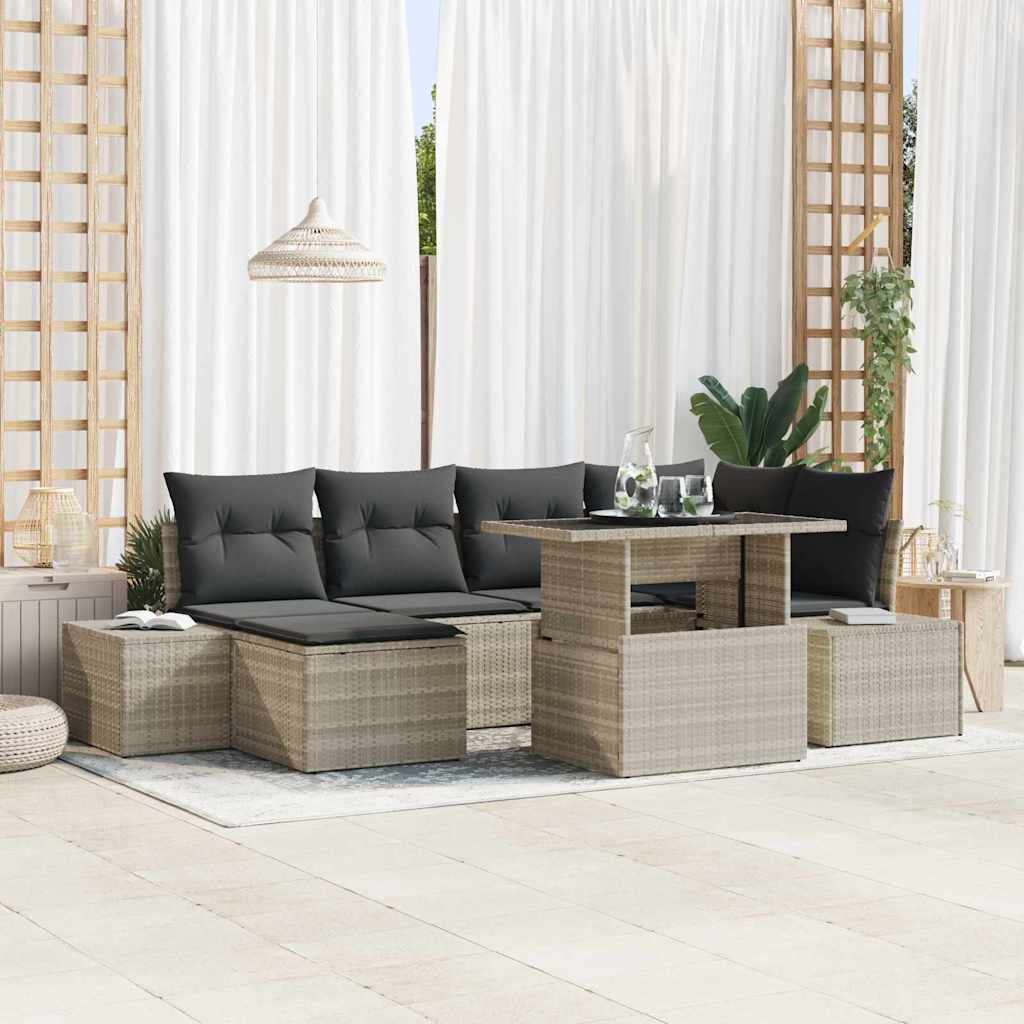 7-teiliges Garten-Sofa-Set mit Kissen – Hellgraues Poly-Rattan
