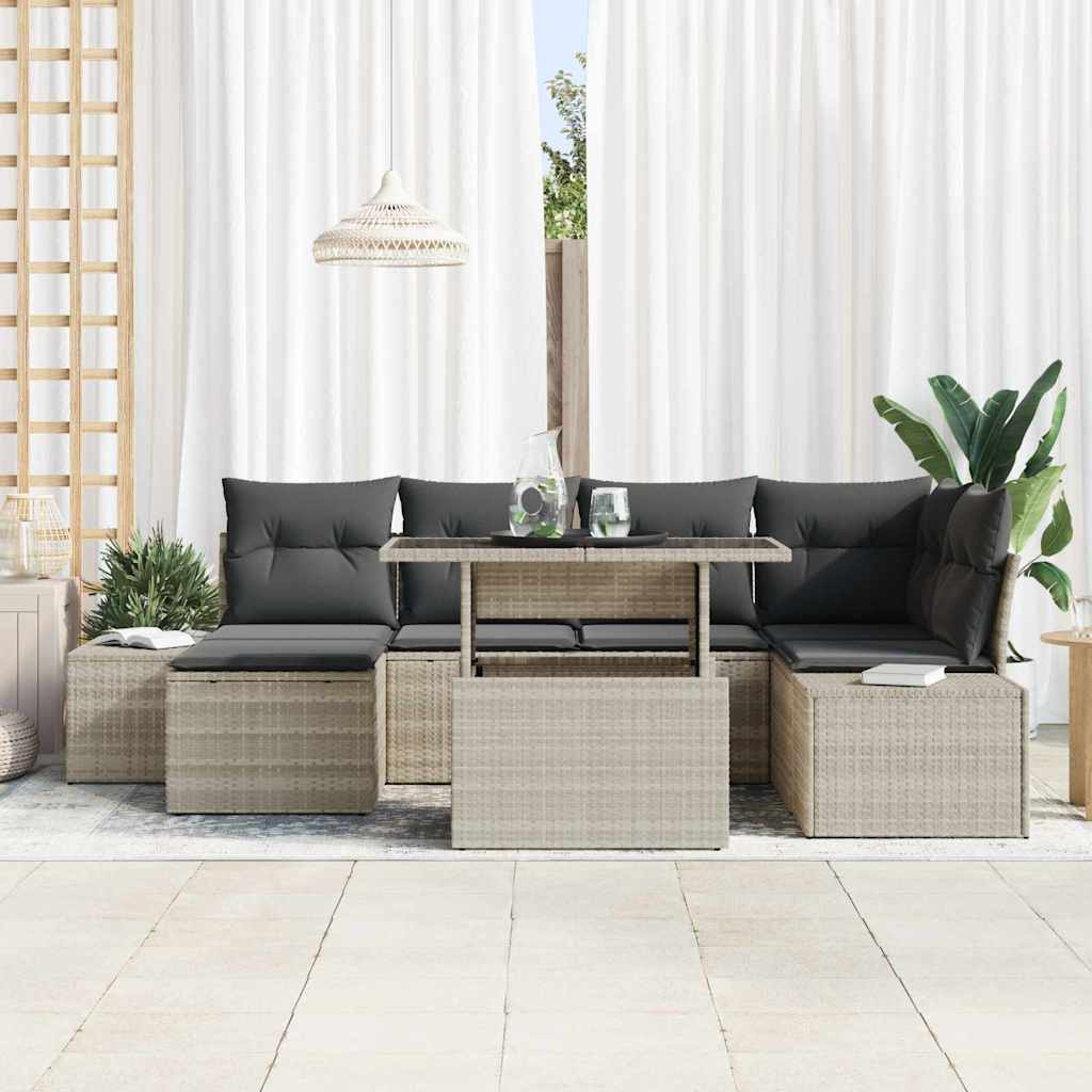 vidaXL 7-delige tuinsofa set met kussens – lichtgrijs poly rattan