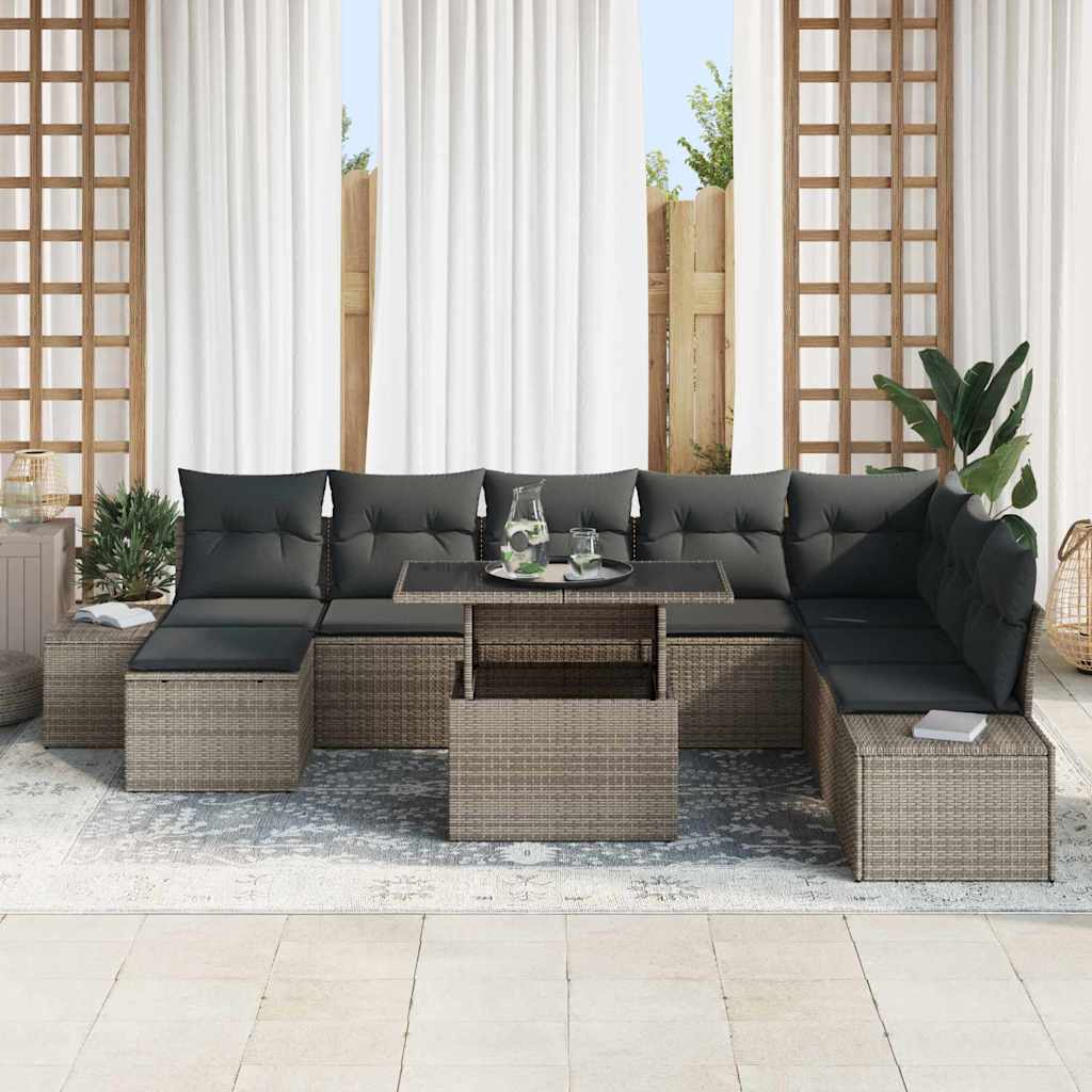 vidaXL 9-delige tuinset met kussens in grijs poly rattan