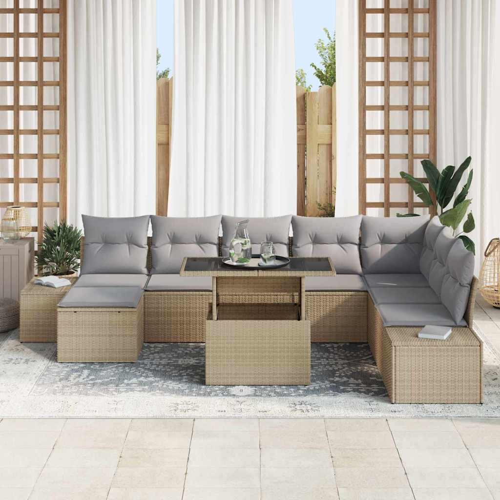 vidaXL 9-delige tuinsofa set met kussens in beige poly rattan