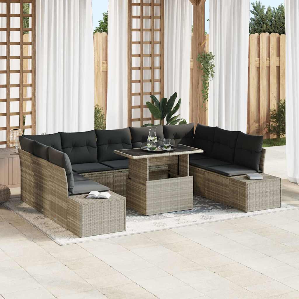 Havesofa Sæt 10 Del Beige og Grå PE Rattan, Stål, Polyester