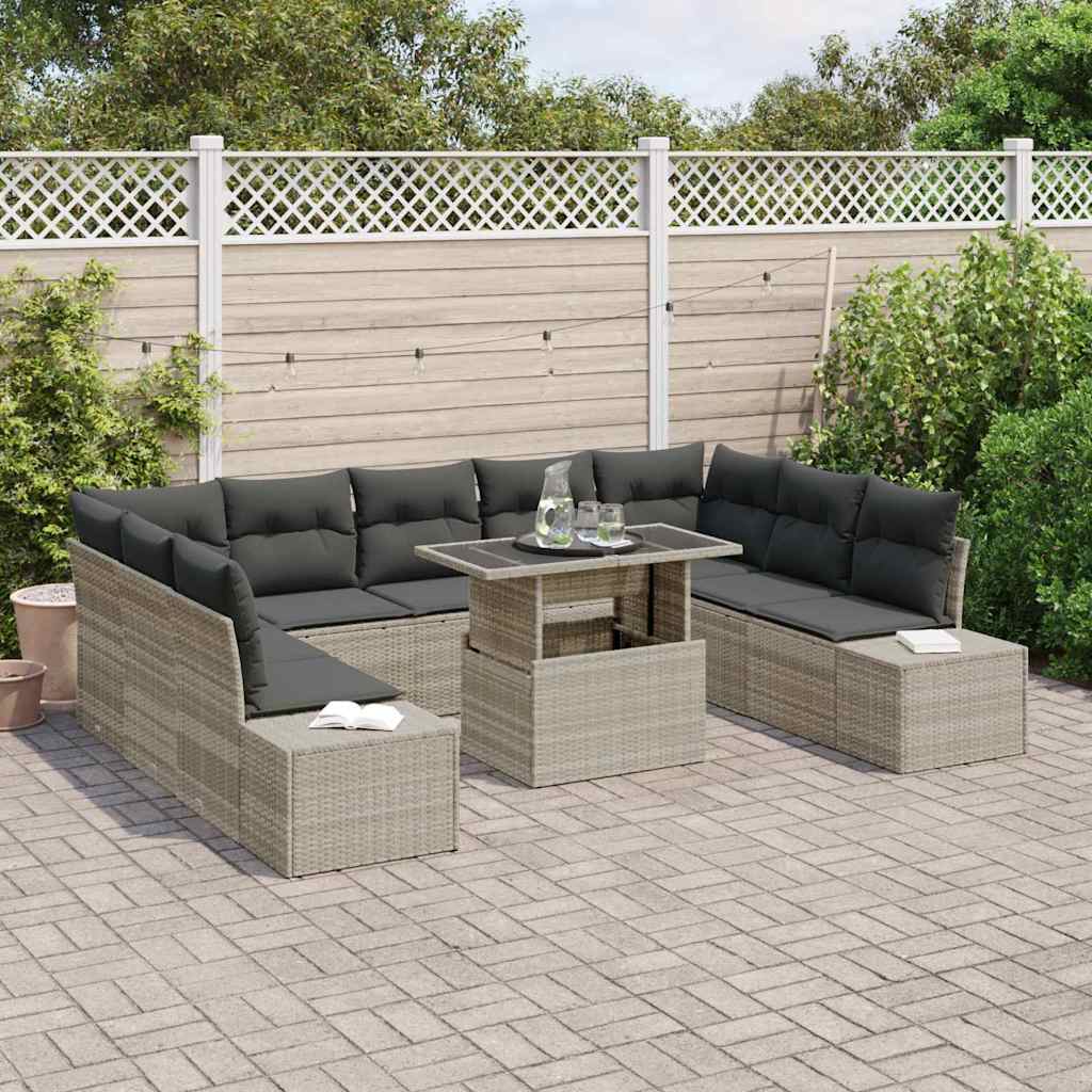 vidaXL 10-delige tuinsofa set met kussens in lichtgrijs poly rattan