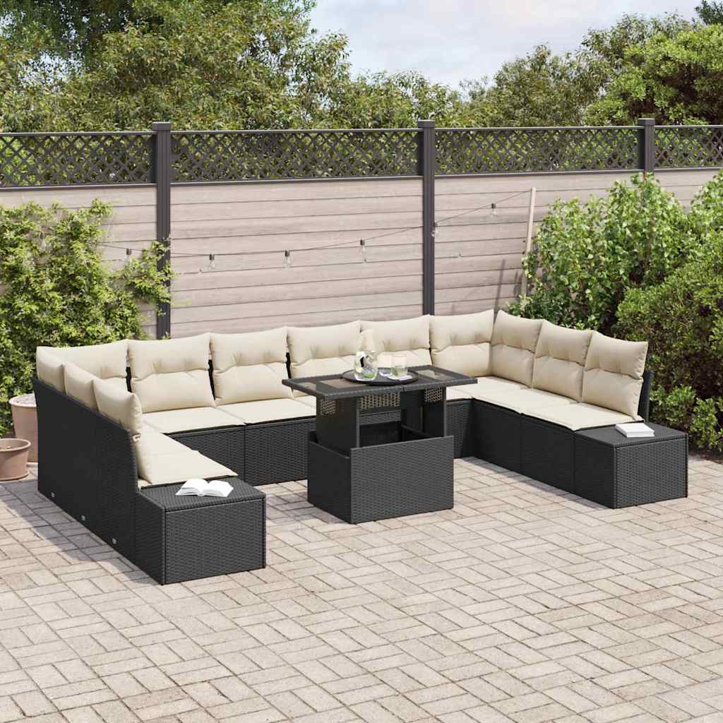 vidaXL 11-delige tuinsofa-set met kussens in zwart poly rattan