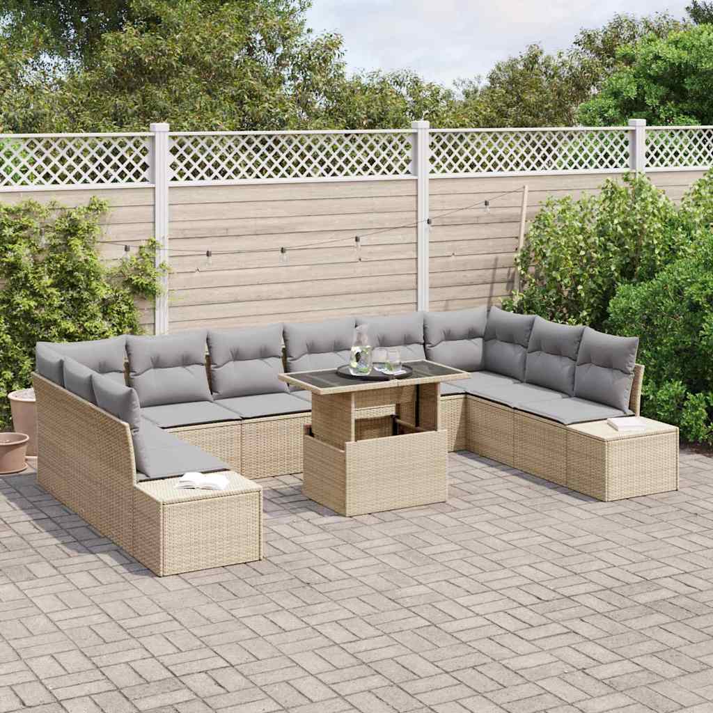 vidaXL 11-delige tuinbankset met kussens in beige poly rattan