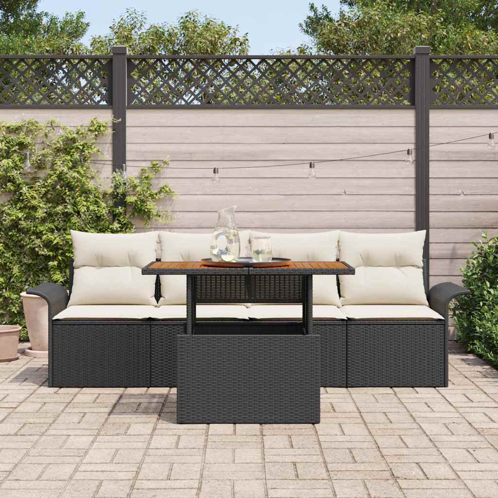 vidaXL 5-delige tuinsofa set met kussens in zwart poly riet
