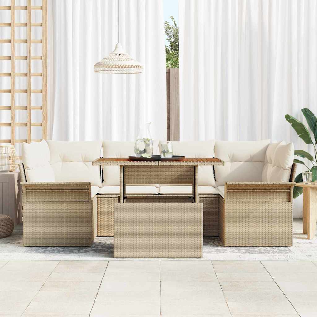 vidaXL 7-delige tuinbankset met kussens in beige poly rattan