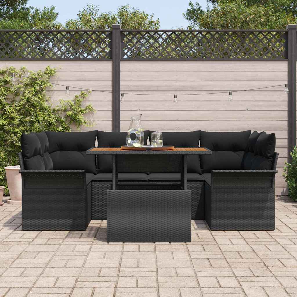 vidaXL 7-delige tuinset met kussens in zwart poly riet