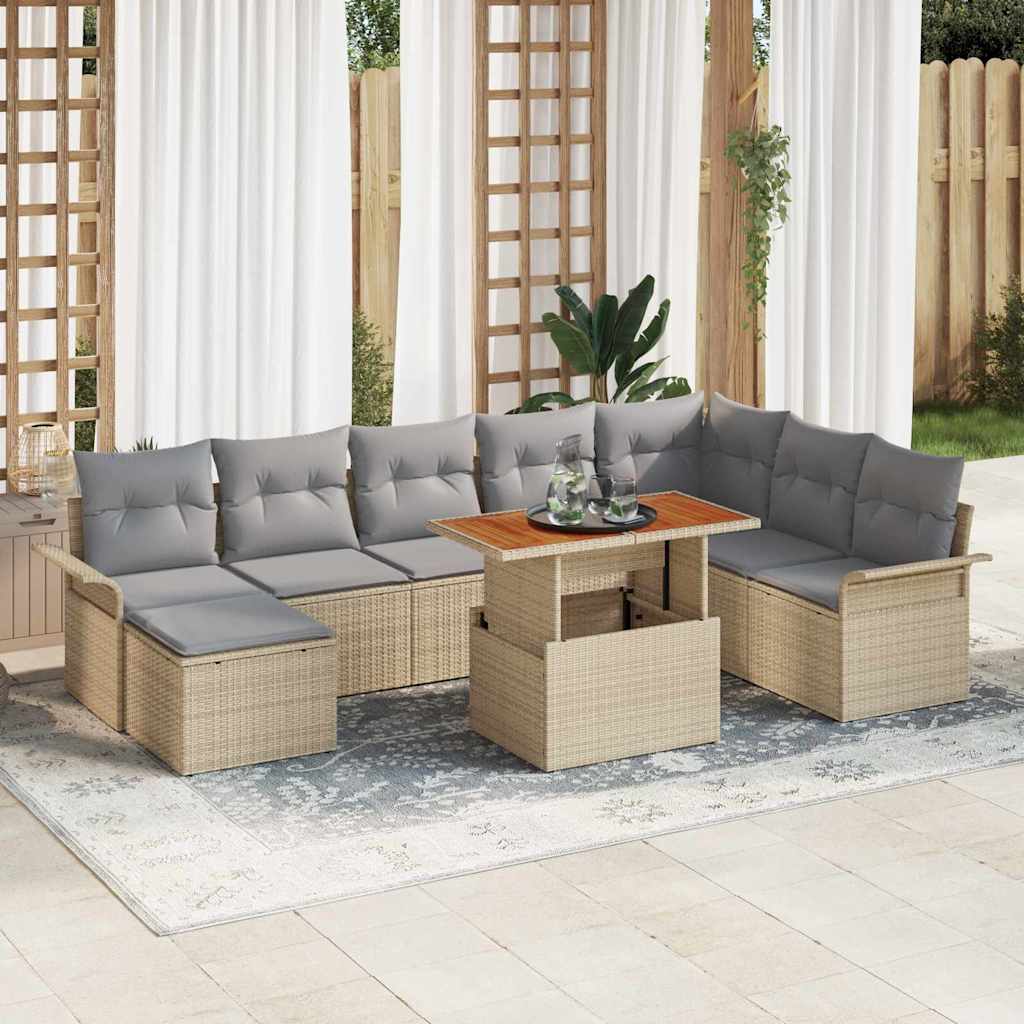 9 Piece Garden Sofa Set with Cushions Beige Poly Rattan, vidaXL 2-Seater Garden Sofa with Storage & Cushions Beige Poly Rattan