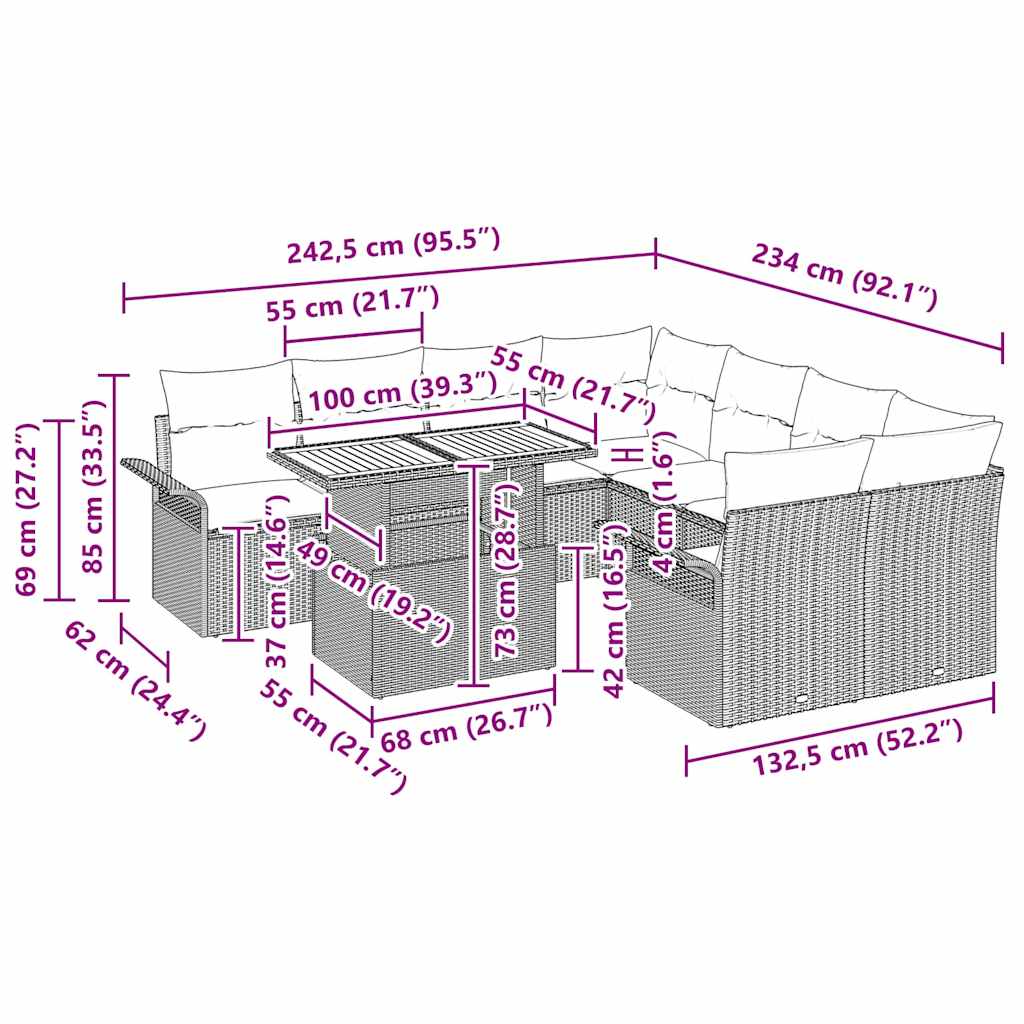 Sada zahradních pohovek s úložištěm 9 pcs Černá Poly ratan - obrázek 15
