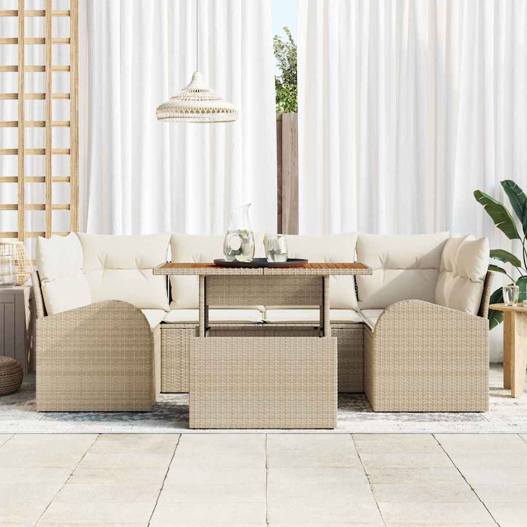 vidaXL 7-delige tuinbank set met kussens, beige poly rattan