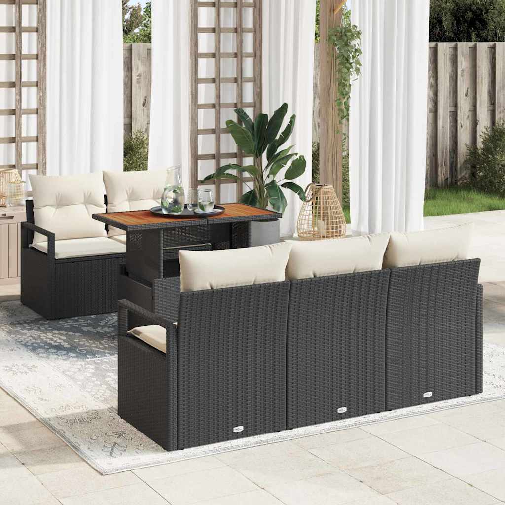 6 Piece Garden Sofa Set med Puder Sort Poly Rattan