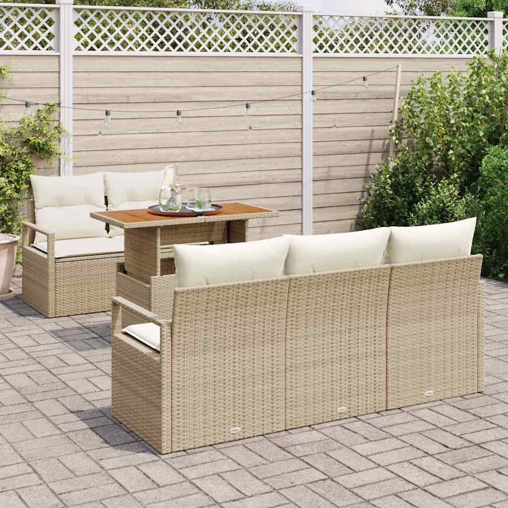 vidaXL 6-delige tuinset met kussens in beige poly rattan