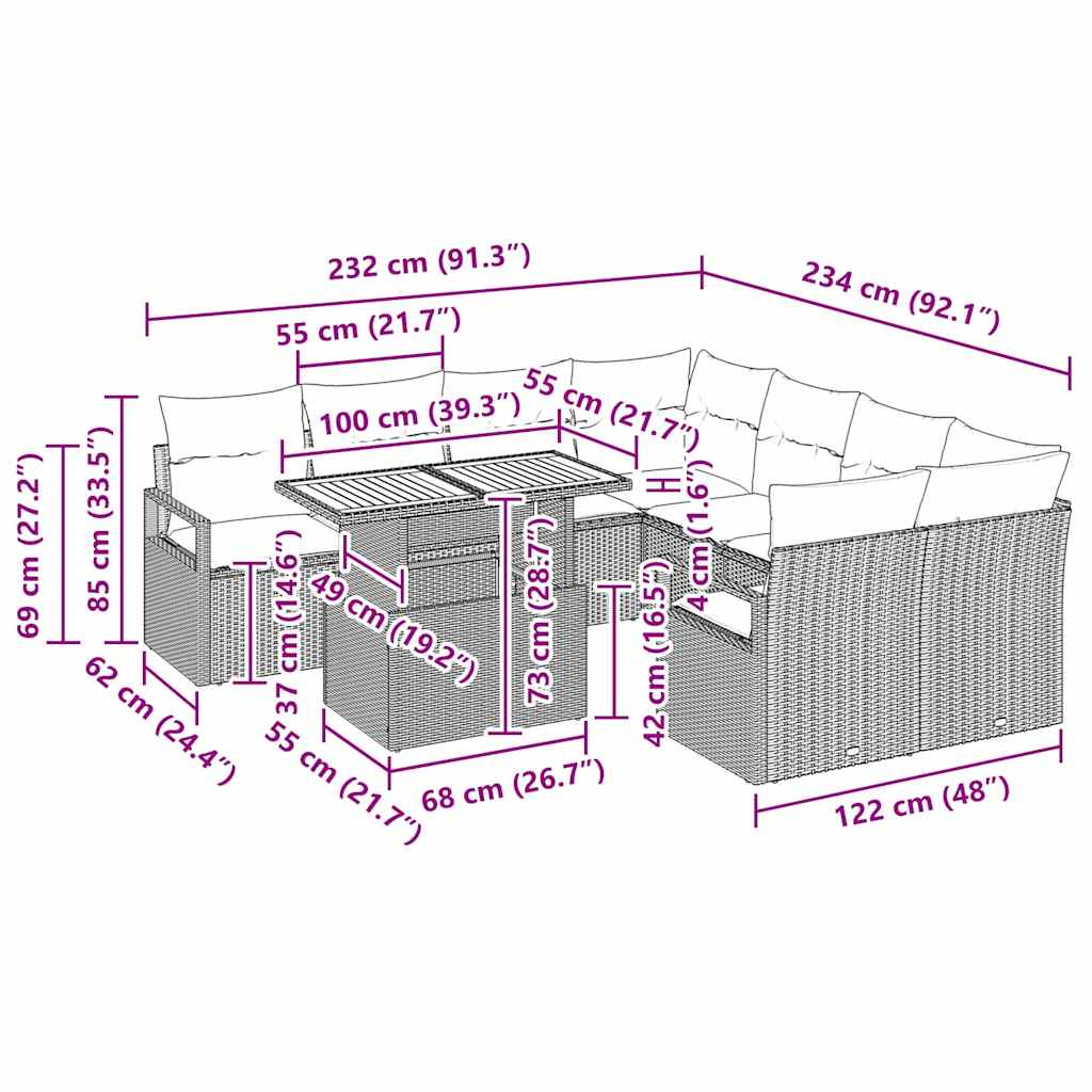 Sada zahradních pohovek s úložištěm 9 pcs Béžová Poly ratan - obrázek 15