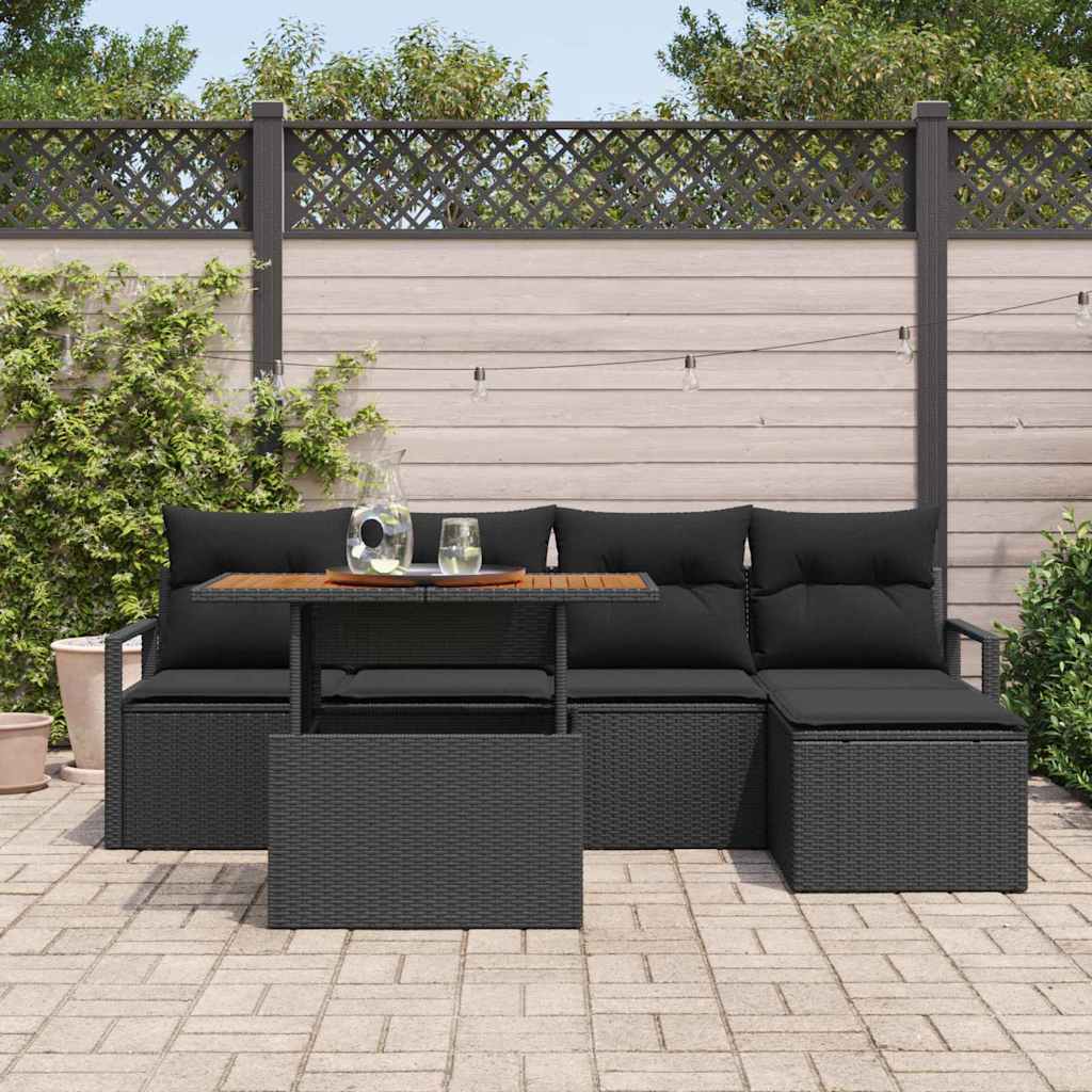 vidaXL 6-delige tuinset met kussens, zwart poly rattan