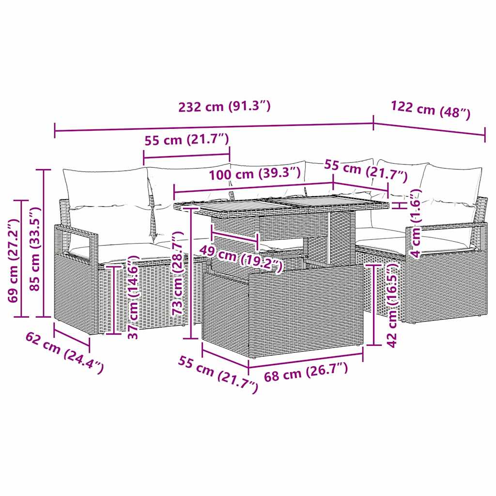 Sada zahradních pohovek s úložištěm 6 pcs Béžová Poly ratan - obrázek 15
